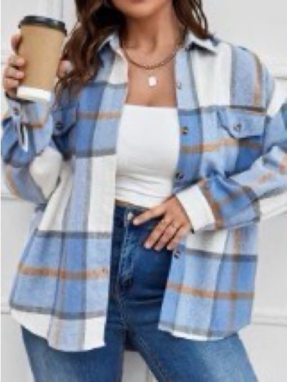 SHEIN Blue White Plaid Button-Up Shacket